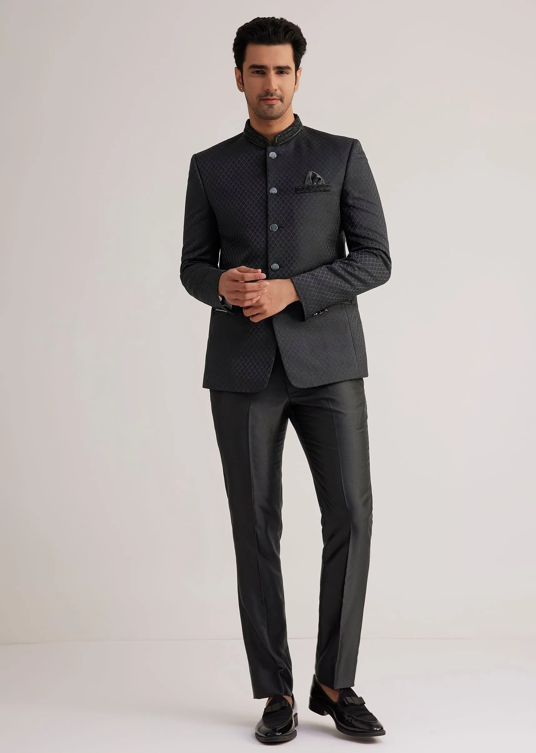 Black Jodhpuri Suit With Embellished Collar