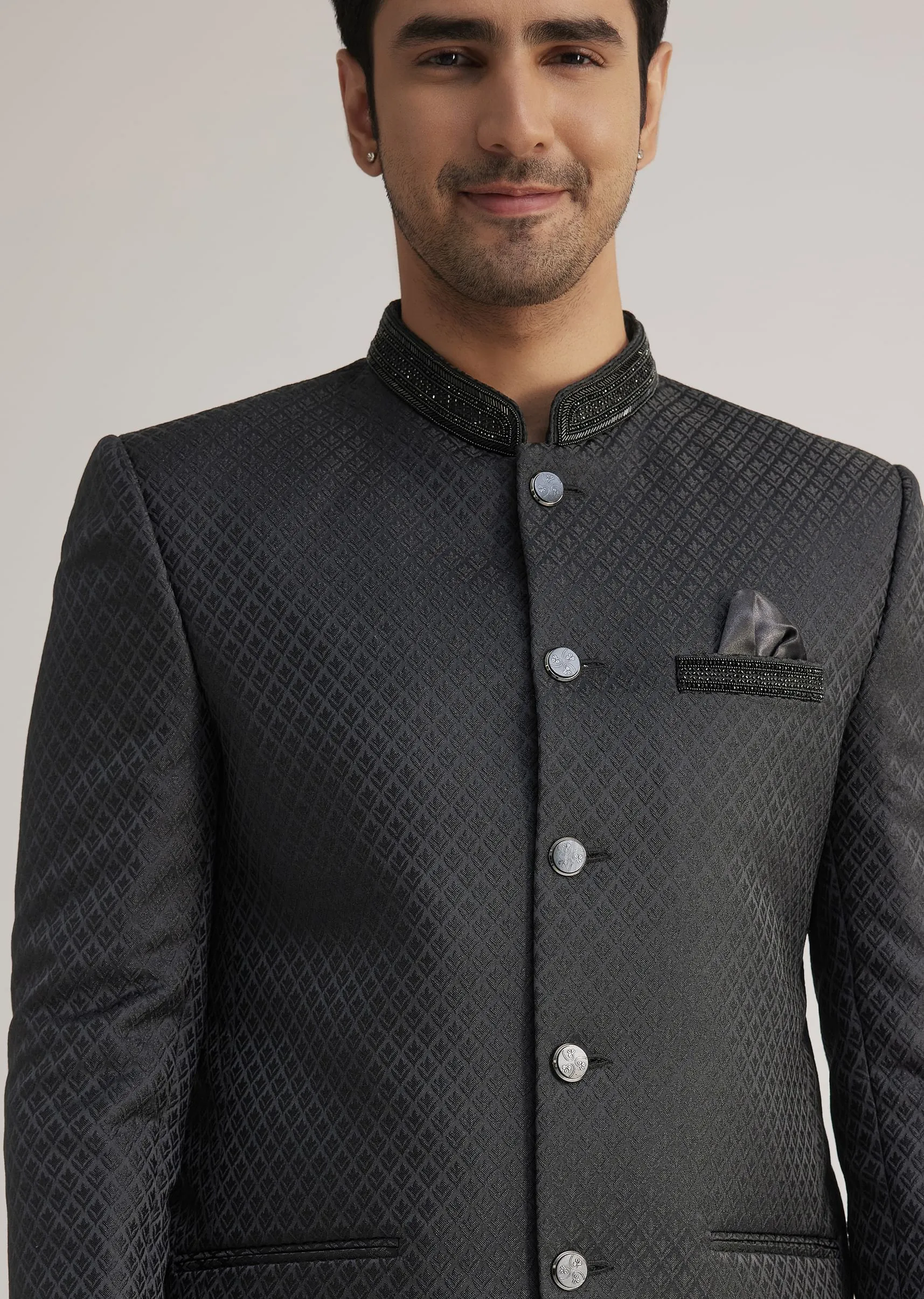 Black Jodhpuri Suit With Embellished Collar