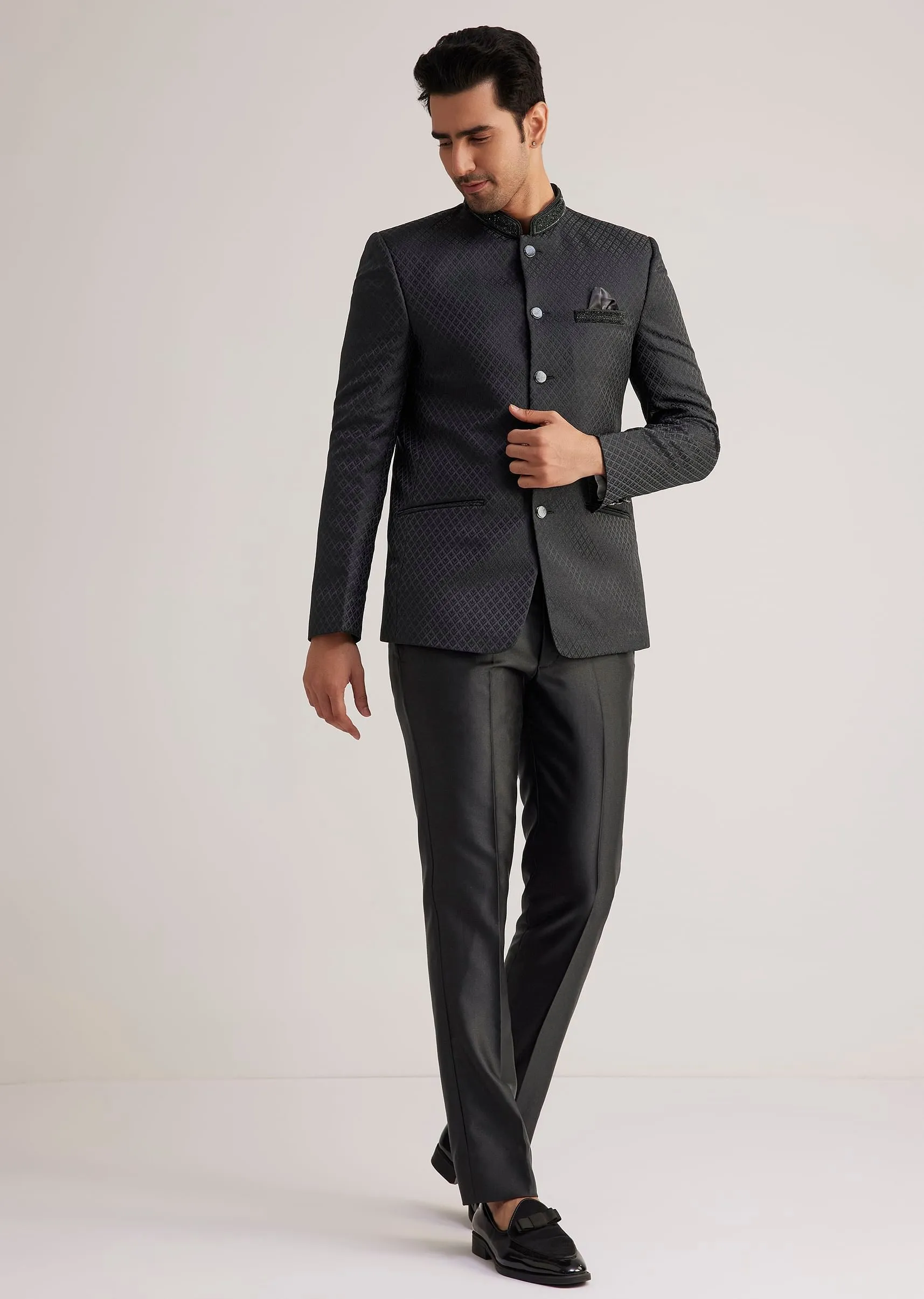 Black Jodhpuri Suit With Embellished Collar