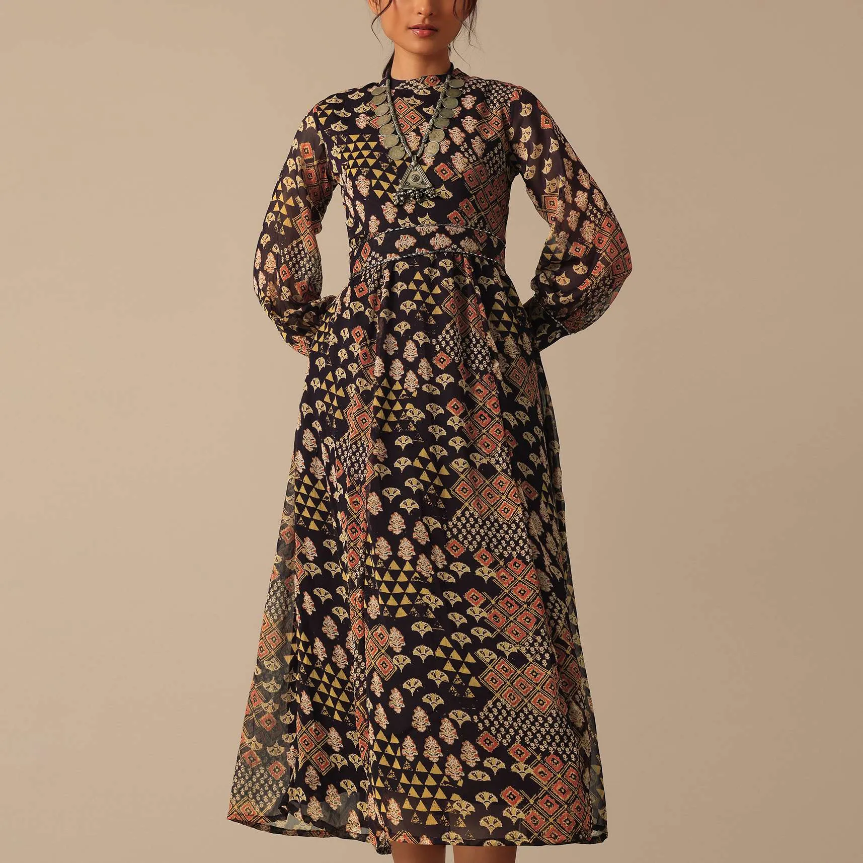Black Printed Flared Kurta With Belt