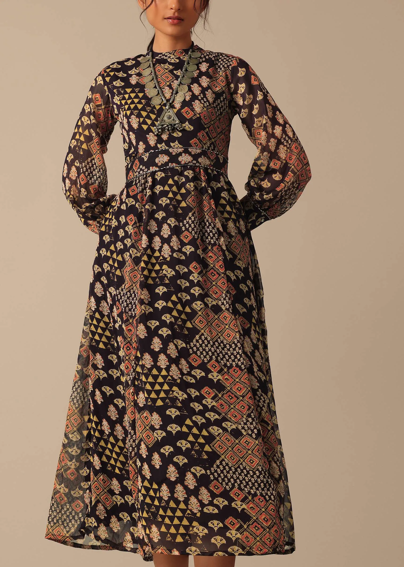 Black Printed Flared Kurta With Belt