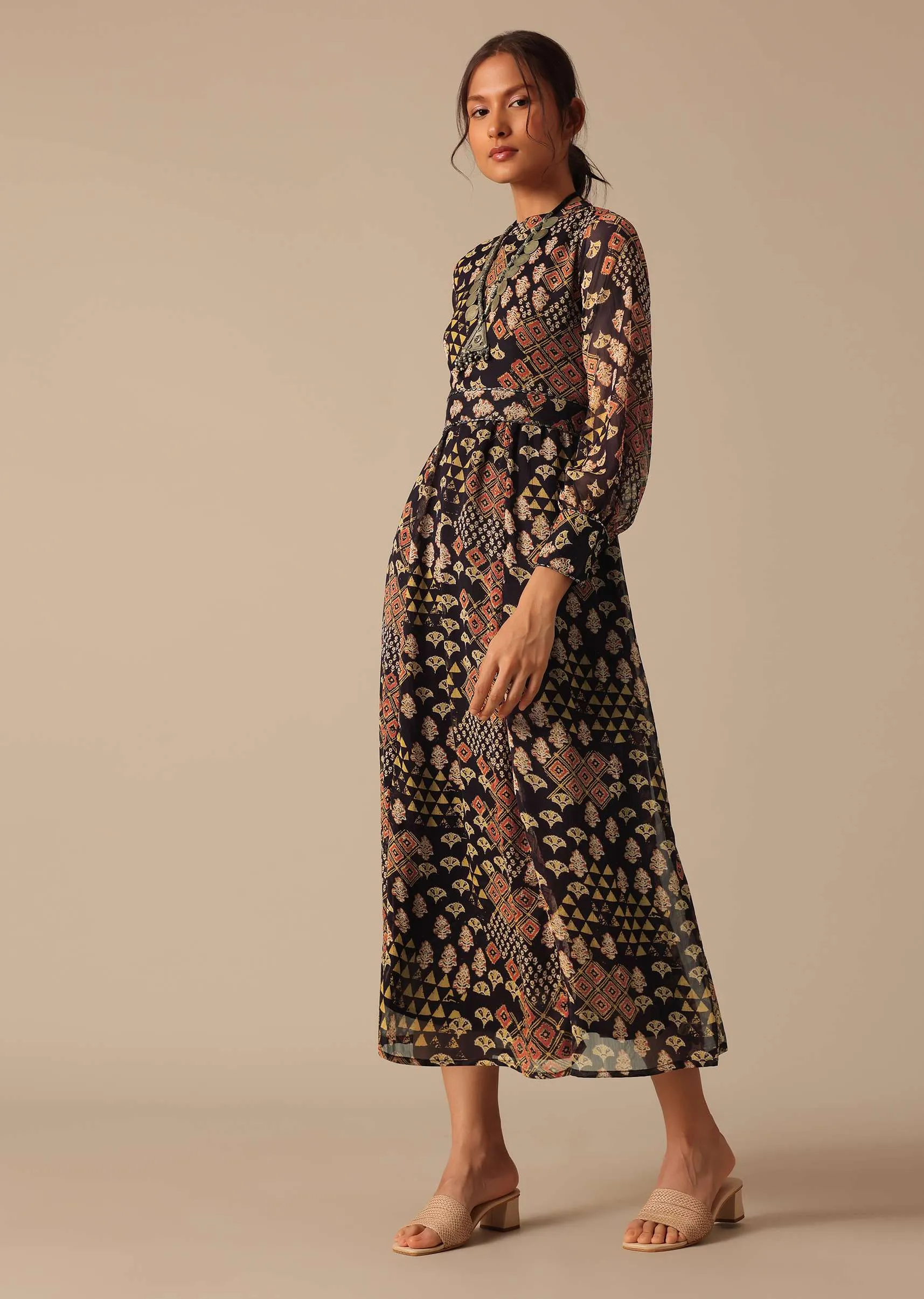 Black Printed Flared Kurta With Belt