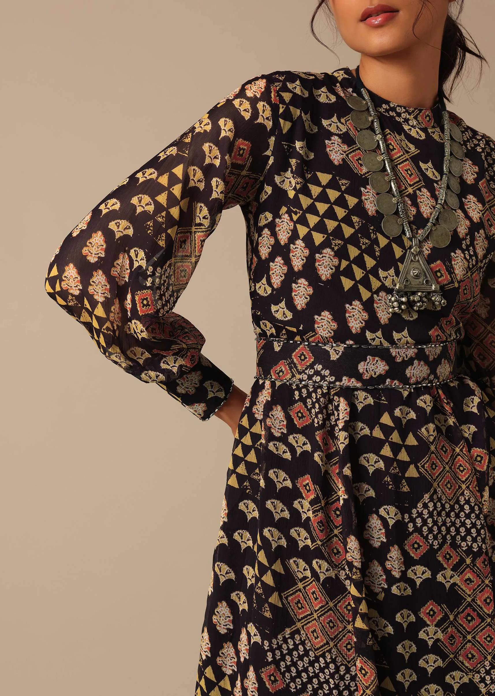 Black Printed Flared Kurta With Belt