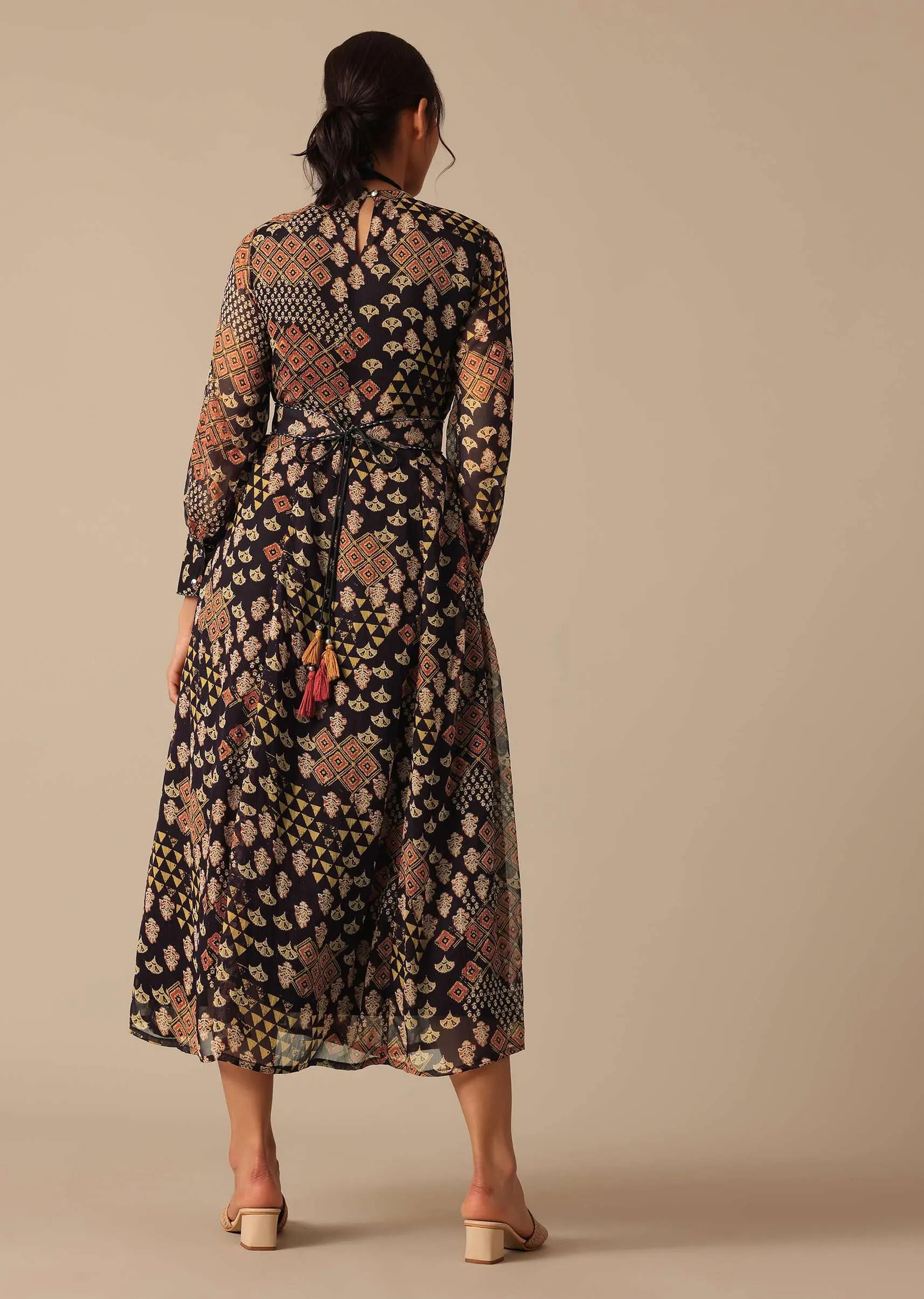Black Printed Flared Kurta With Belt