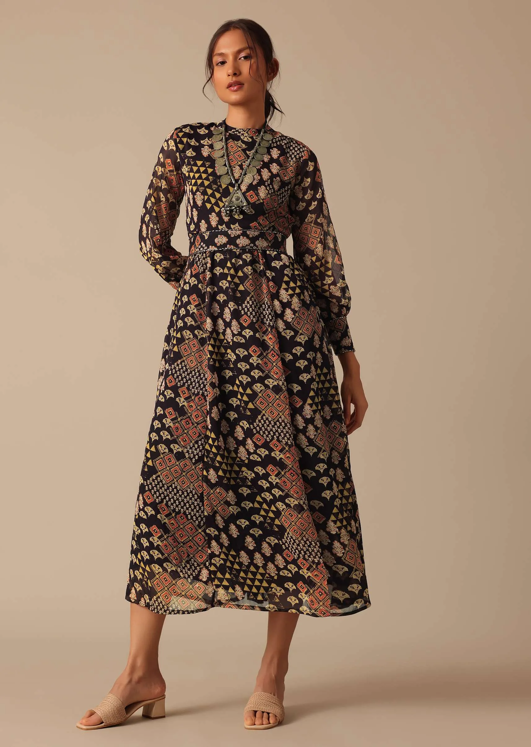 Black Printed Flared Kurta With Belt