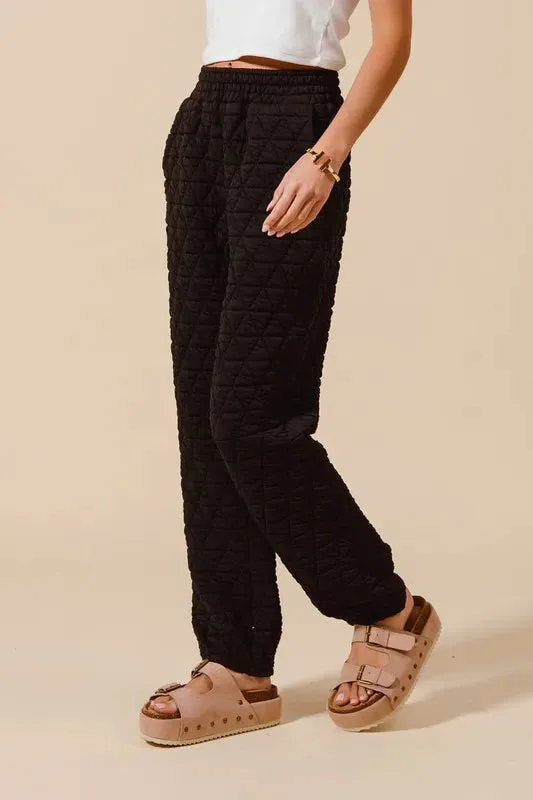 Black Quilted Straight Leg Jogger Pants