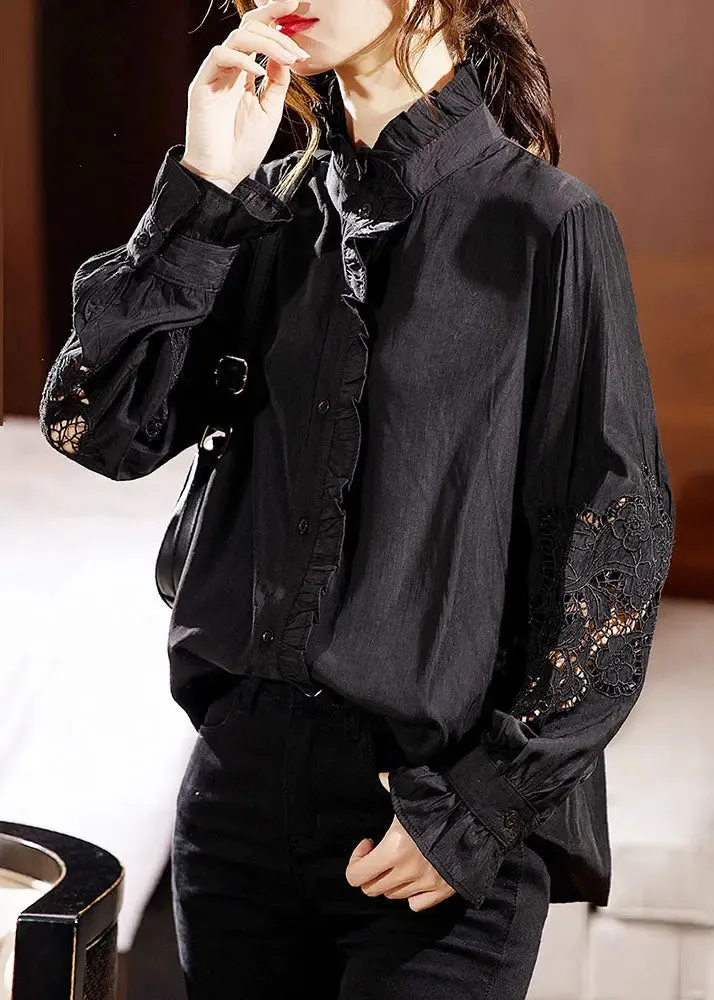 Black Ruffled Lace Patchwork Shirts
