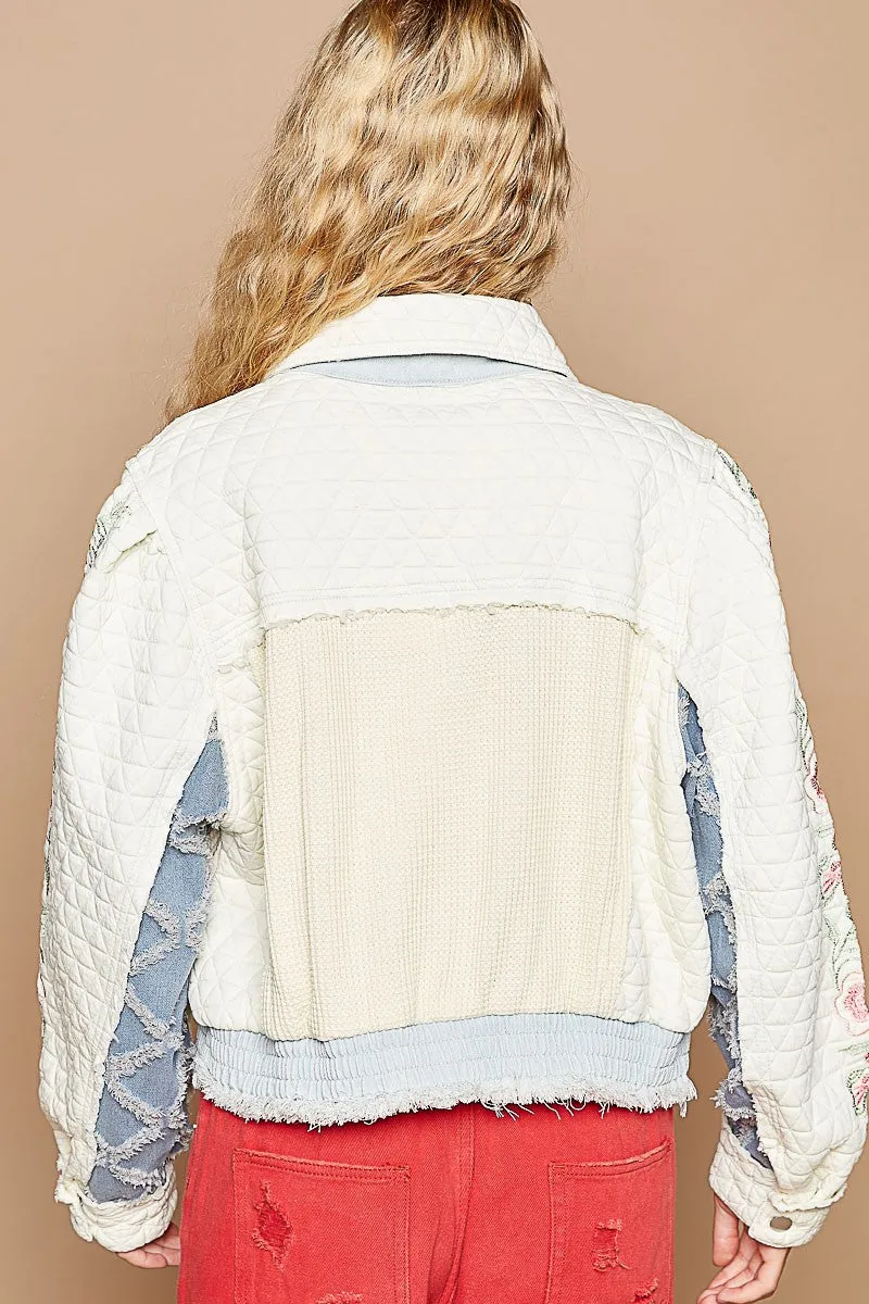 Bleu Embroidered Sleeve Raw Edge Quilted Jacket