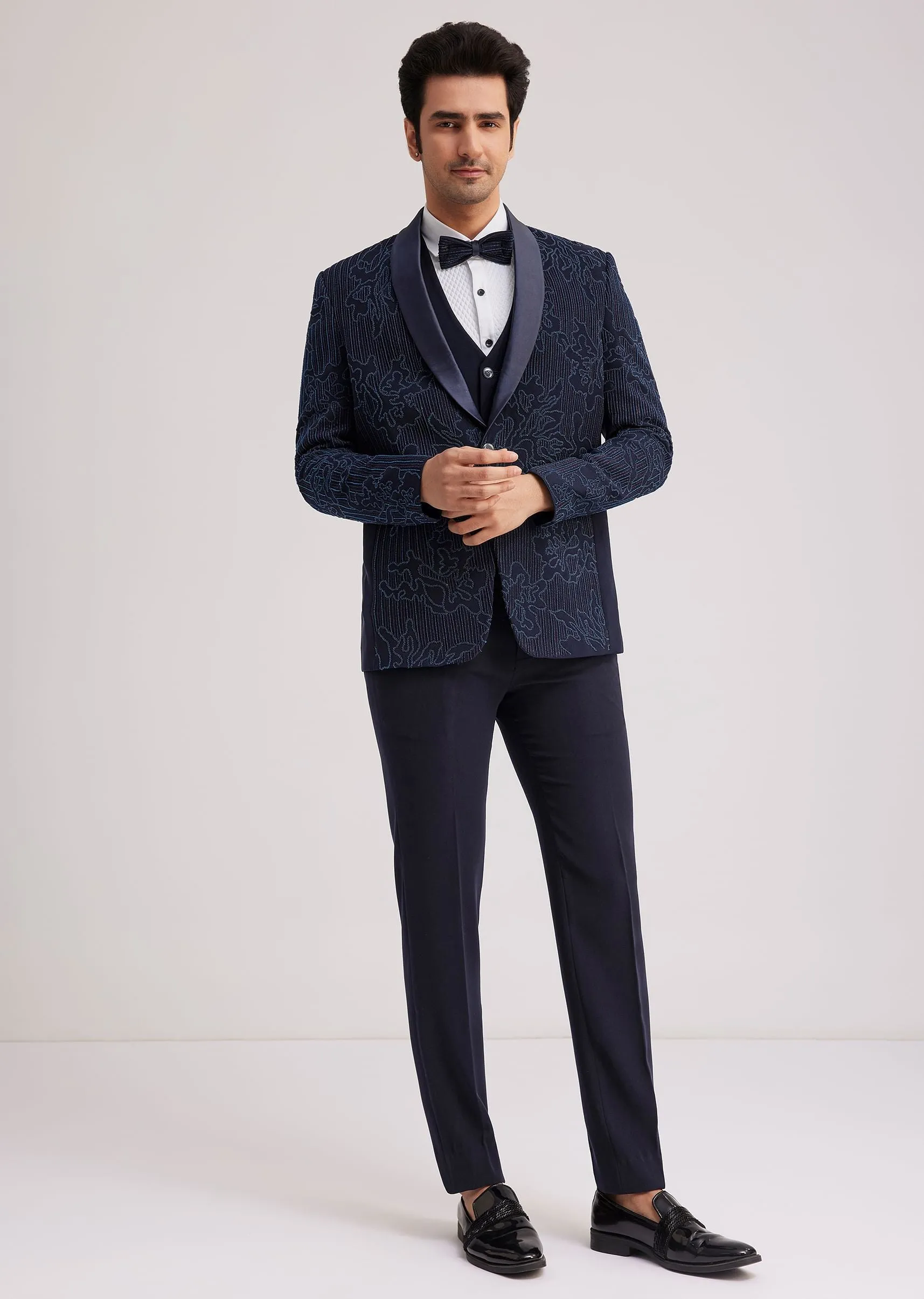 Blue Silk Tuxedo With Resham Work