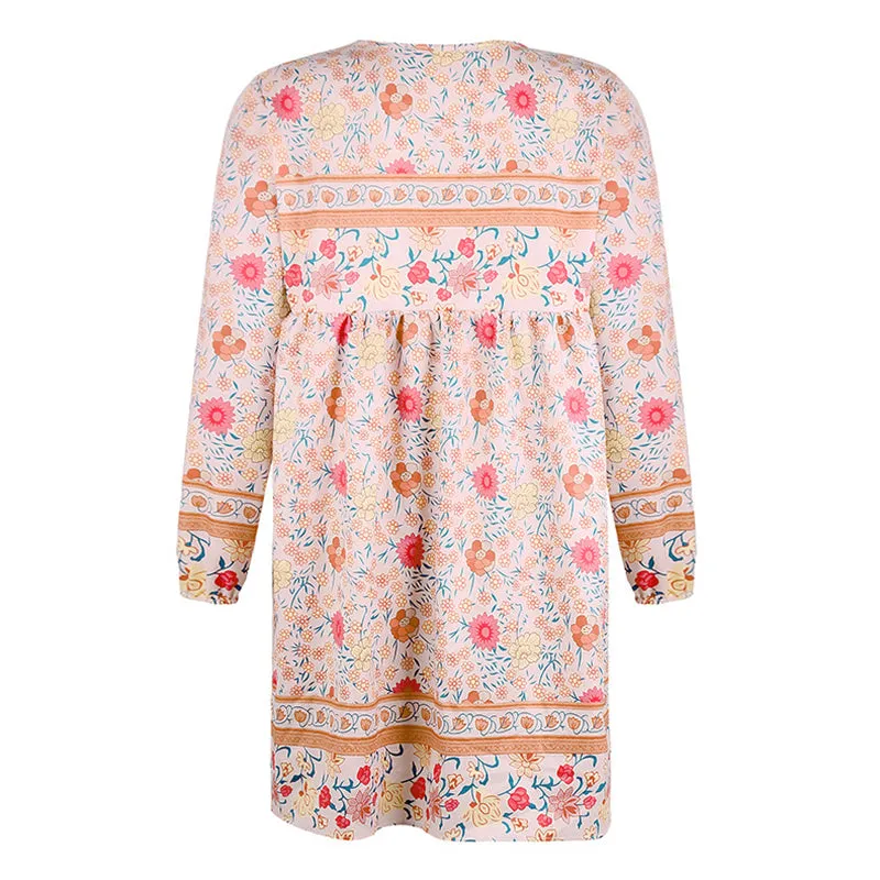 Bohemian Long Sleeve Cotton V Neck Floral Women Dresses