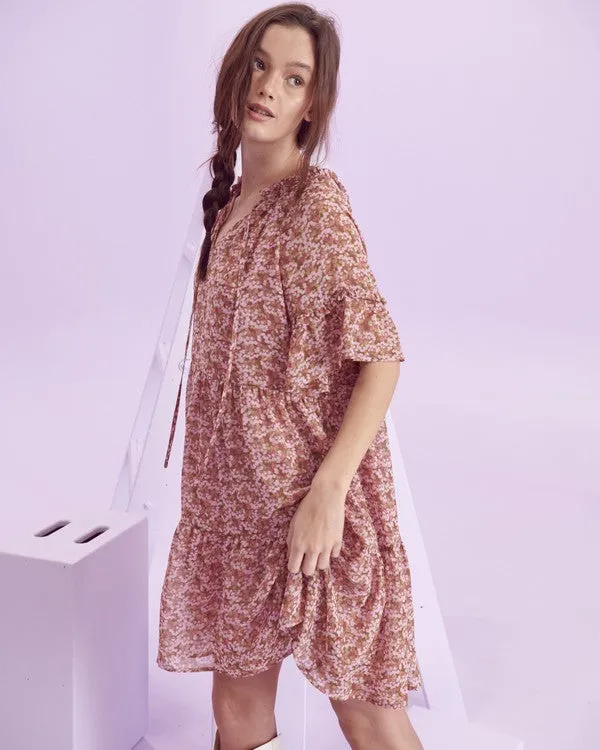 Charming Floral V-Neck Mini Dress with Ruffled Sleeves