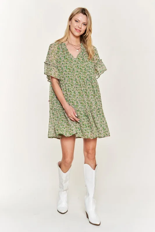 Charming Floral V-Neck Mini Dress with Ruffled Sleeves