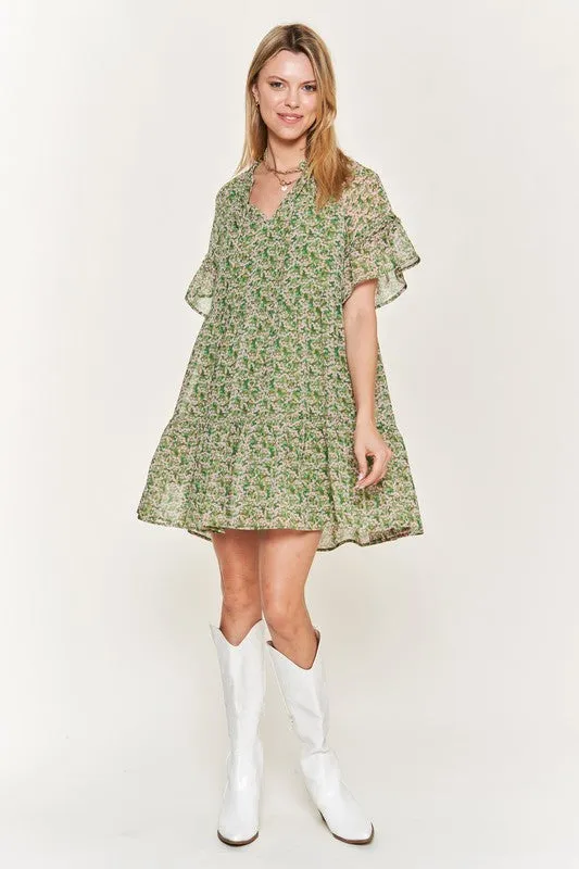 Charming Floral V-Neck Mini Dress with Ruffled Sleeves