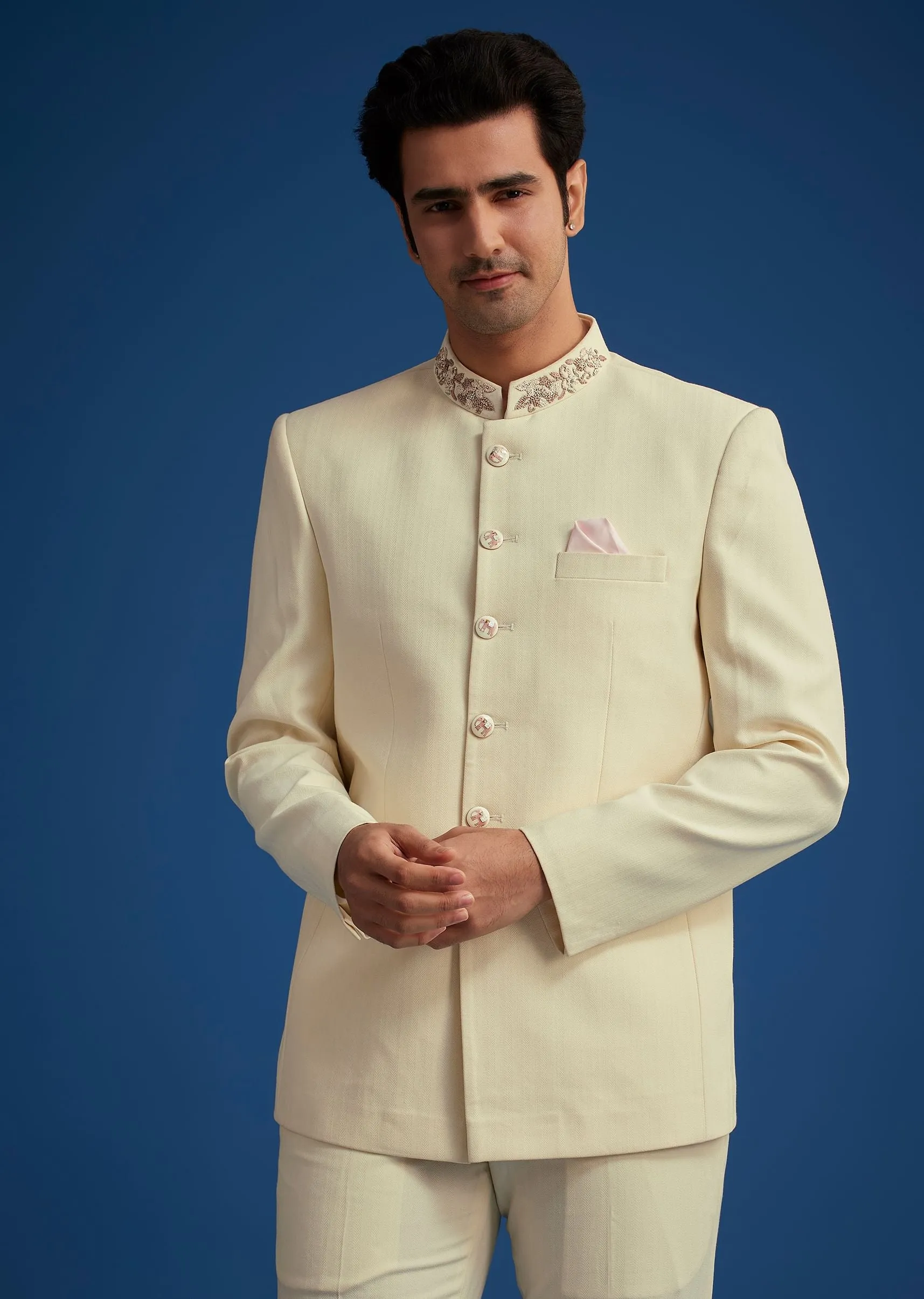 Cream Jodhpuri Suit With Handwork Collar