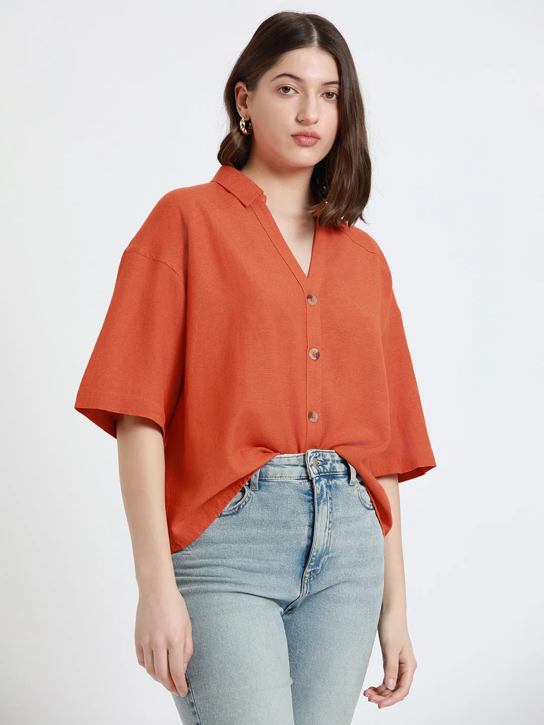 DL Woman Rust Relaxed fit Spread Collar Cotton Casual Shirt