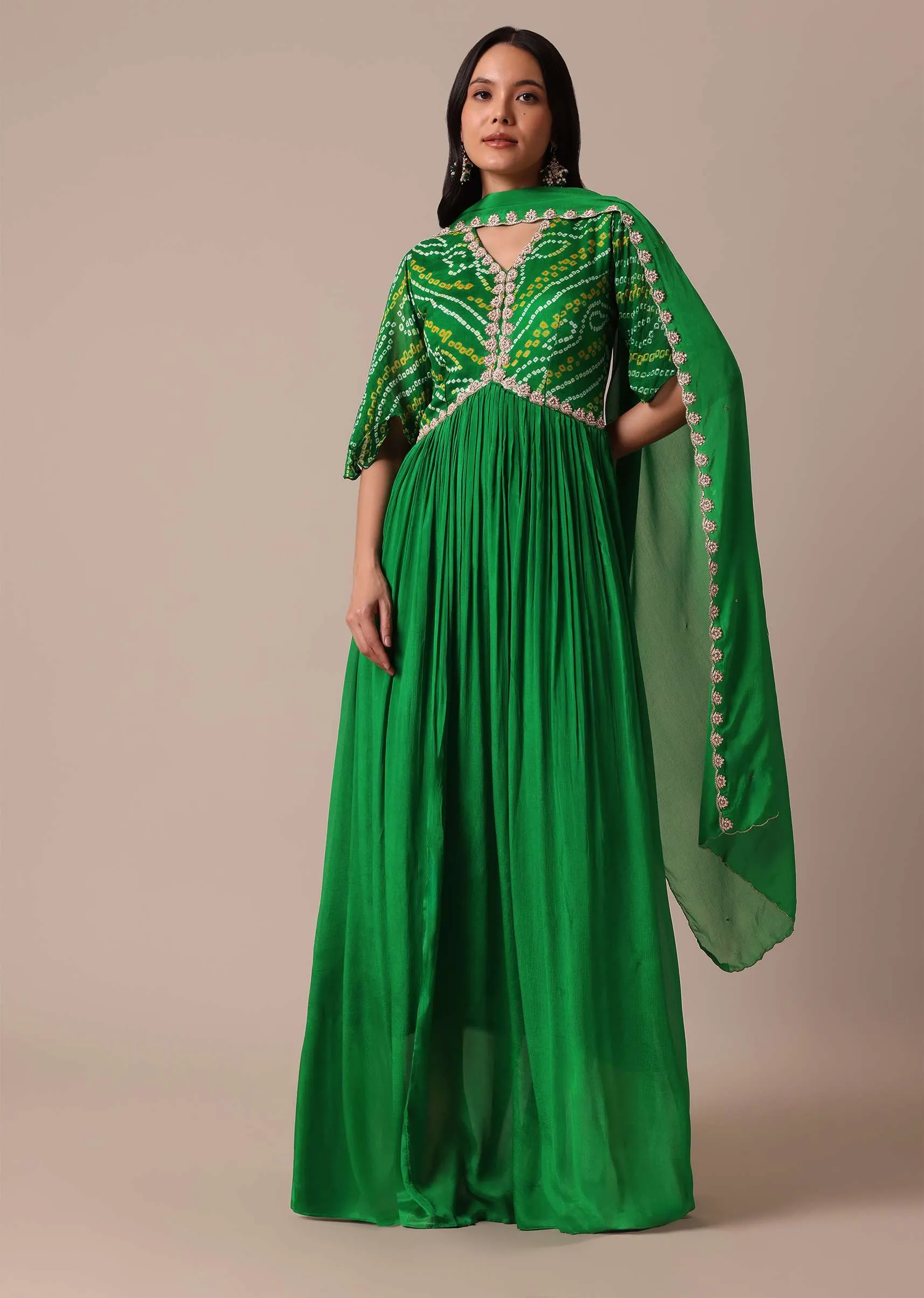 Green Chiffon Printed Anarkali With Dupatta