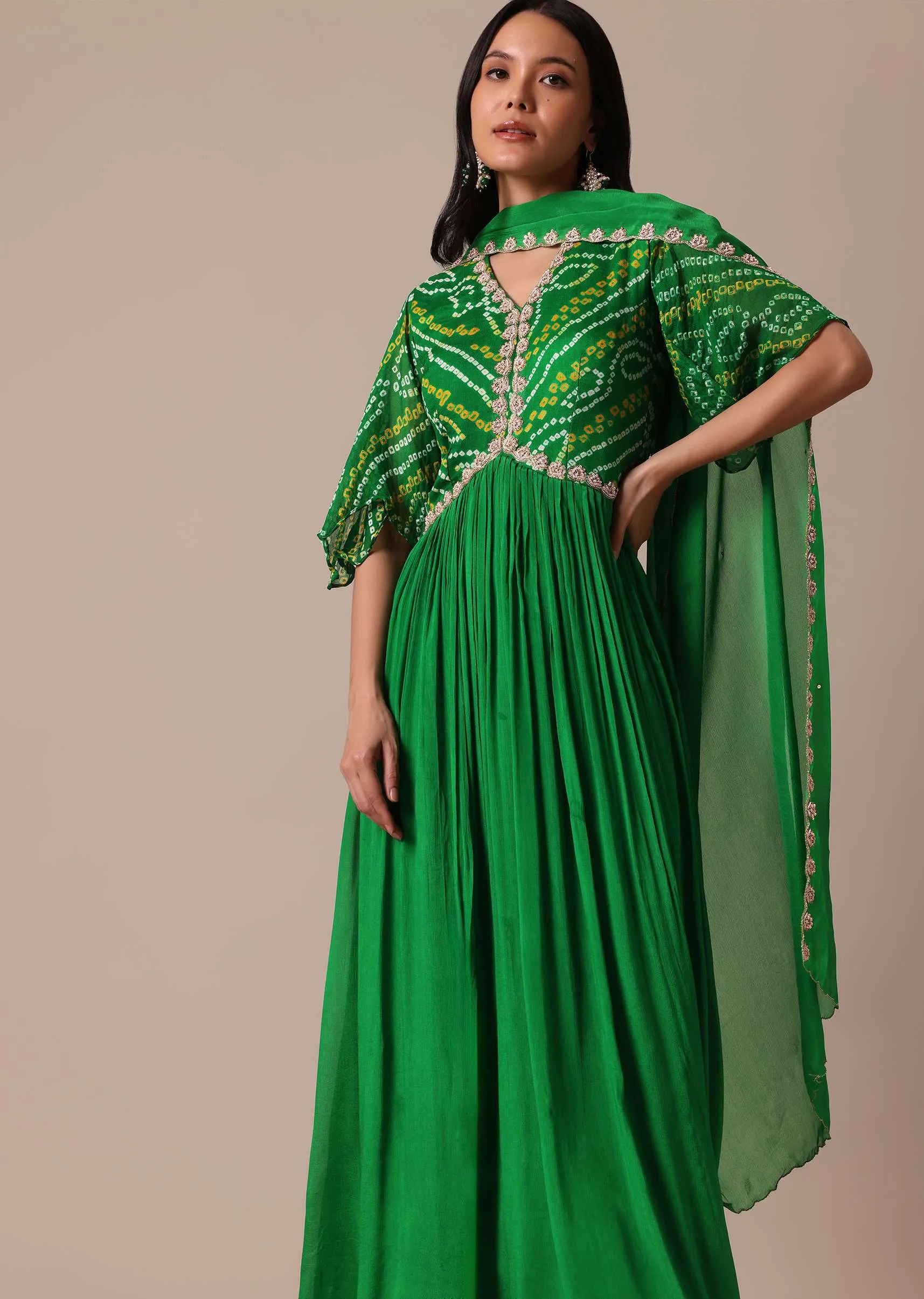 Green Chiffon Printed Anarkali With Dupatta