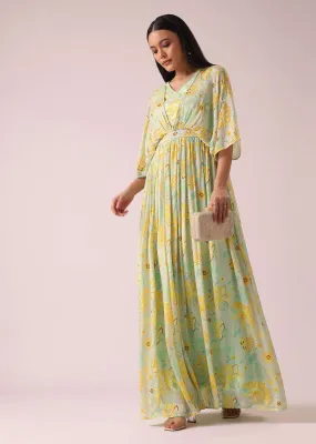 Green Floral Print Dress In Chiffon