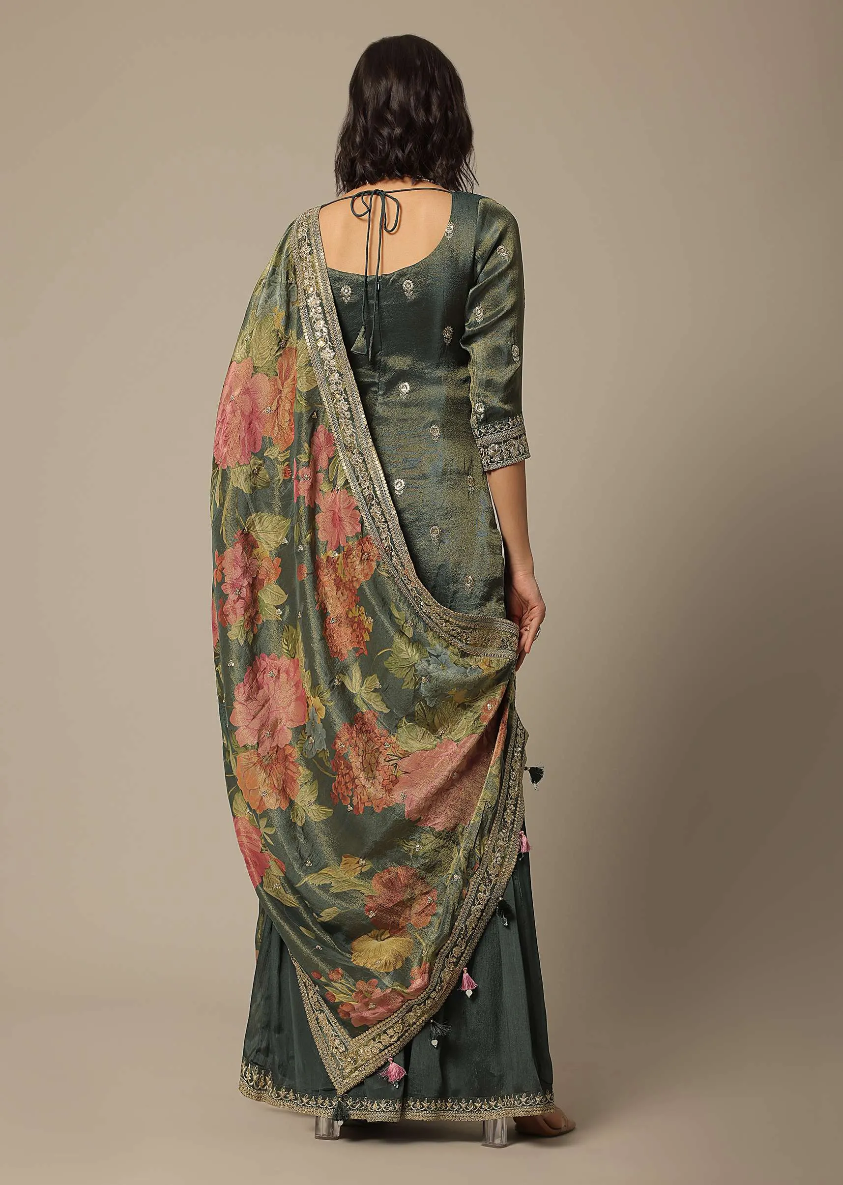 Green Sharara Set In Chiffon With Sequin Embroidery