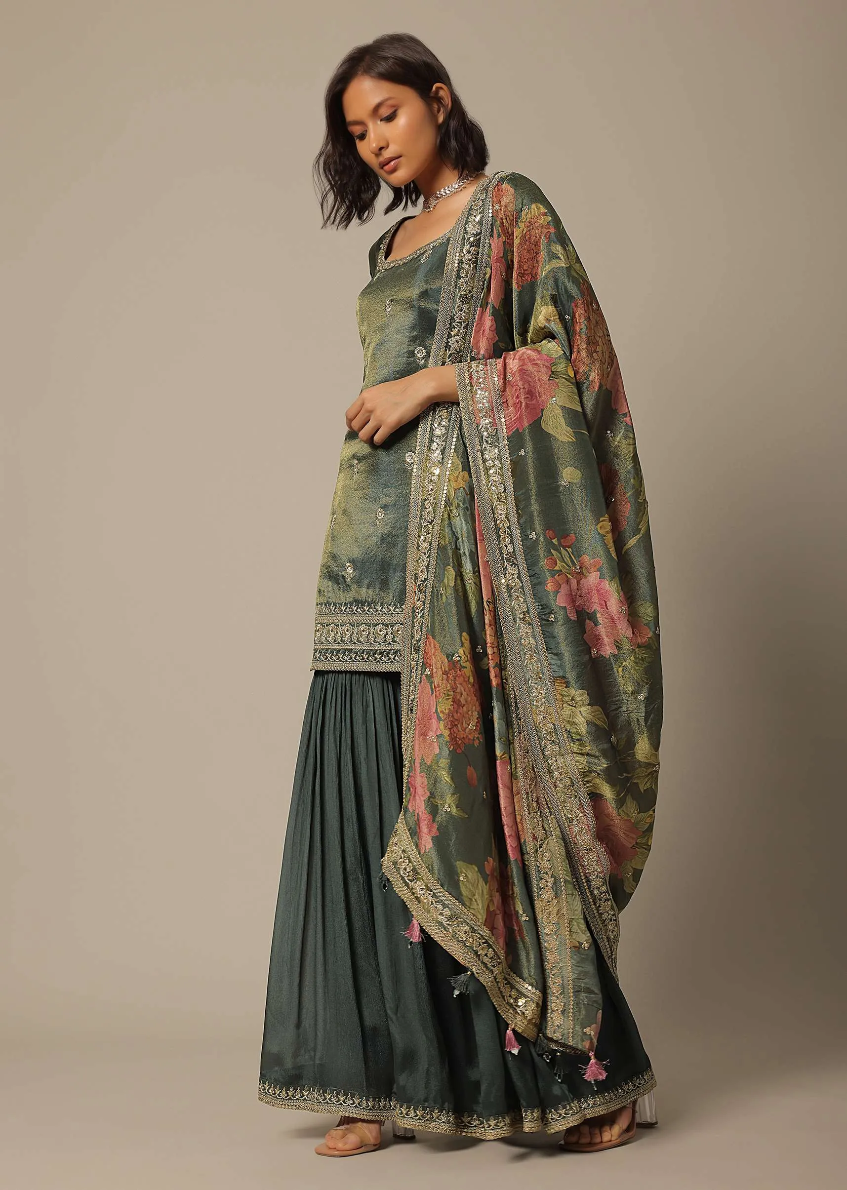 Green Sharara Set In Chiffon With Sequin Embroidery