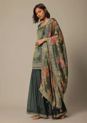 Green Sharara Set In Chiffon With Sequin Embroidery