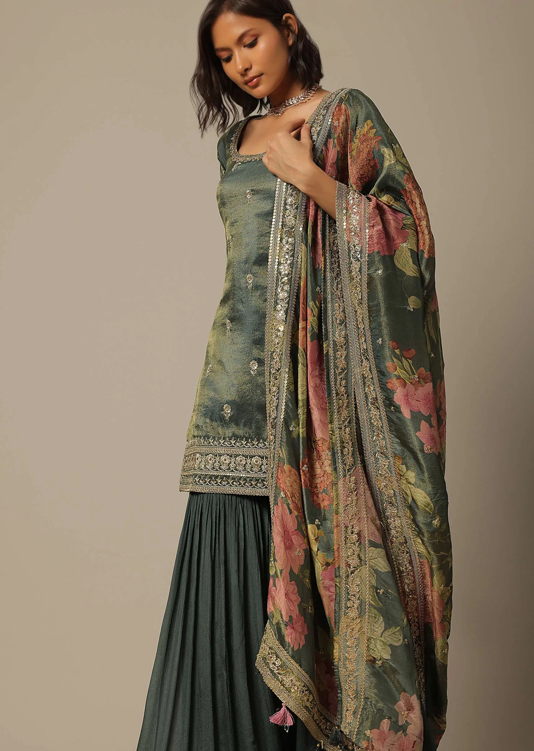 Green Sharara Set In Chiffon With Sequin Embroidery