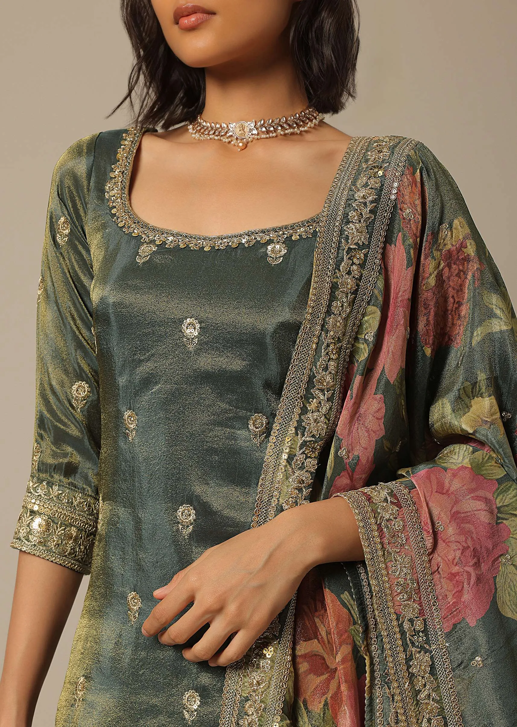 Green Sharara Set In Chiffon With Sequin Embroidery