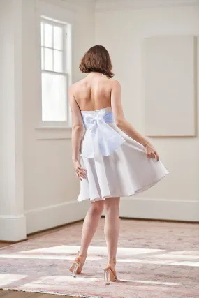 Jacqueline Strapless Little White Rehearsal and Casual Wedding Dress With Light Blue Tie