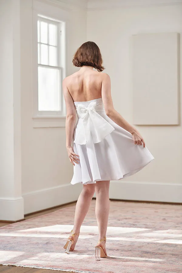 Jacqueline Strapless Little White Rehearsal and Casual Wedding Dress With Light Blue Tie