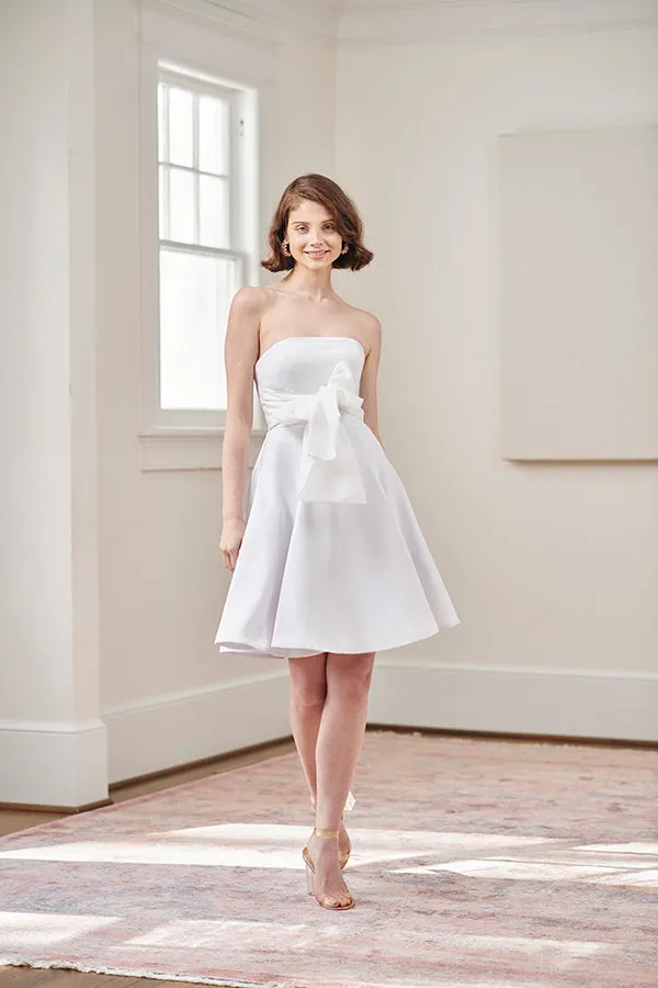 Jacqueline Strapless Little White Rehearsal and Casual Wedding Dress With Light Blue Tie