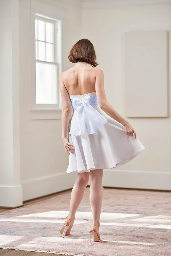 Jacqueline Strapless Little White Rehearsal and Casual Wedding Dress With Light Blue Tie