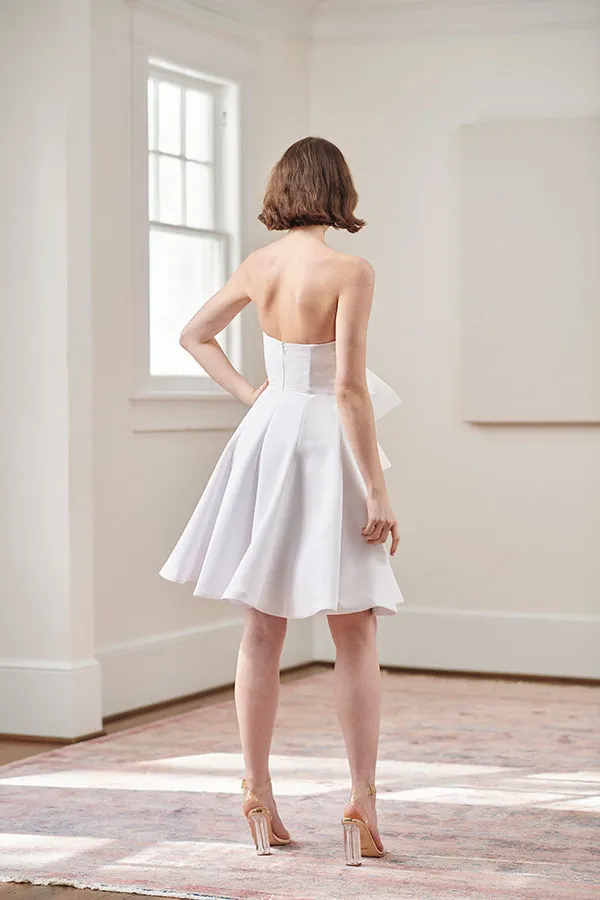 Jacqueline Strapless Little White Rehearsal and Casual Wedding Dress With Light Blue Tie
