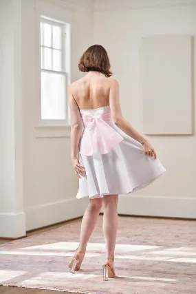Jacqueline Strapless Little White Rehearsal and Casual Wedding Dress With Pink Tie