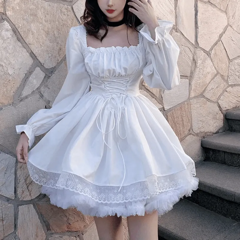 Kawaii Lace Up Gothic Puff Sweet Dress
