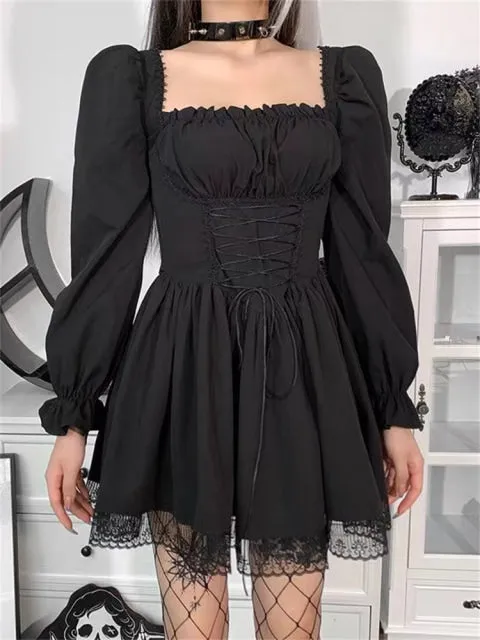Kawaii Lace Up Gothic Puff Sweet Dress
