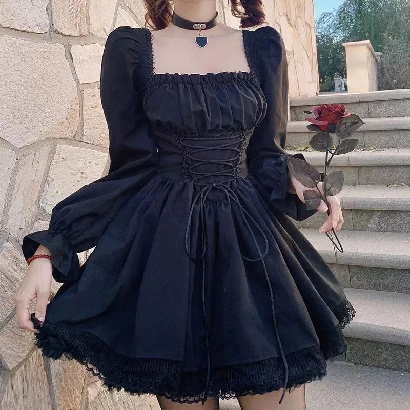 Kawaii Lace Up Gothic Puff Sweet Dress