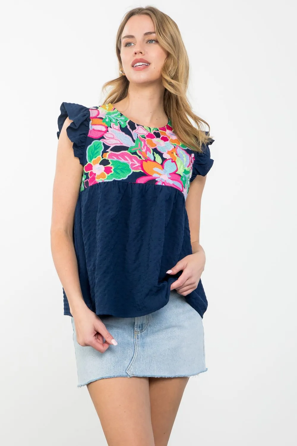 Navy Embroidered Texture Top