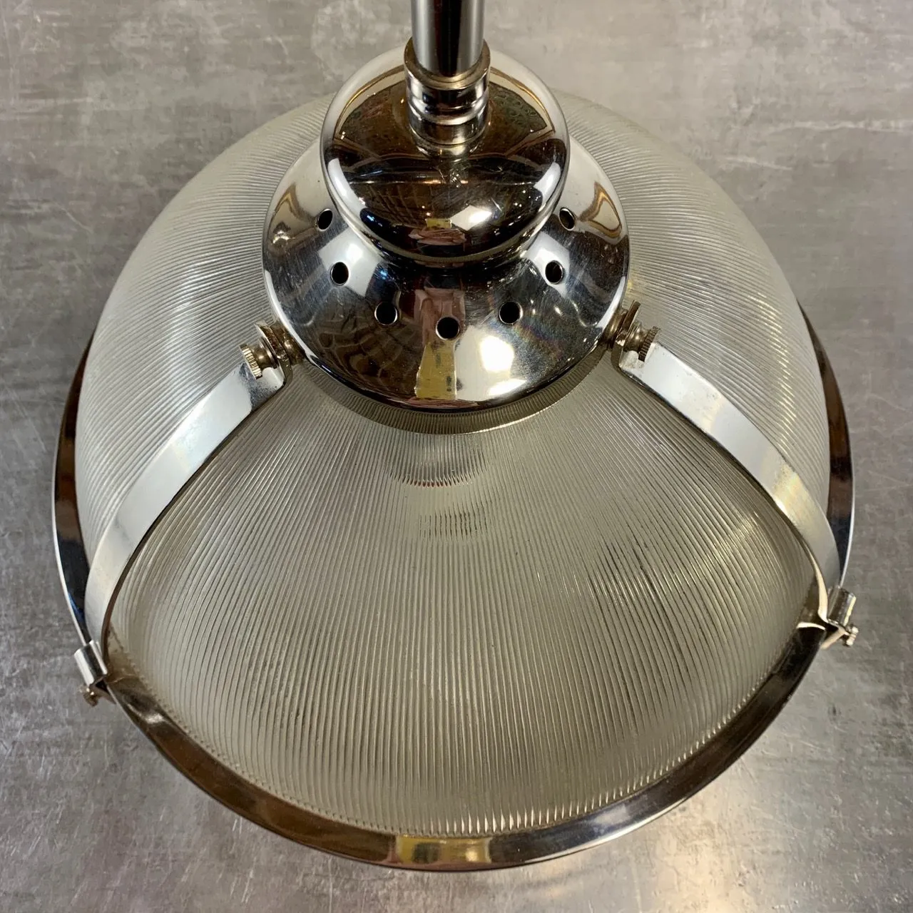 Pendant Light, Nickel, Ribbed Dome Glass Shade