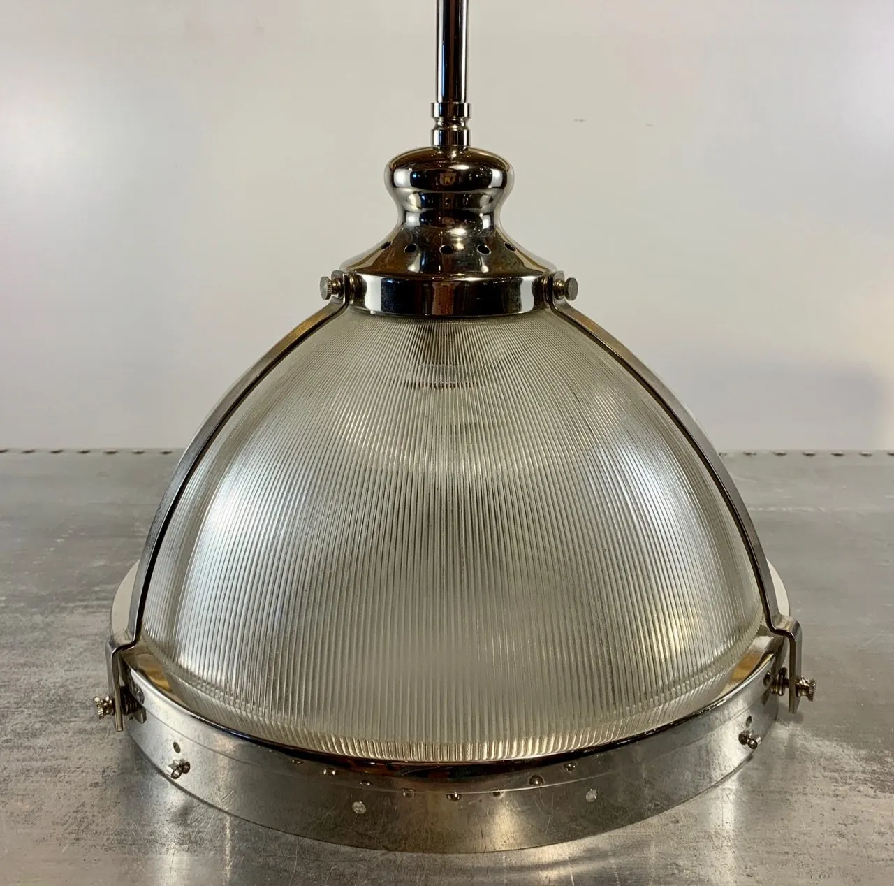 Pendant Light, Nickel, Ribbed Dome Glass Shade