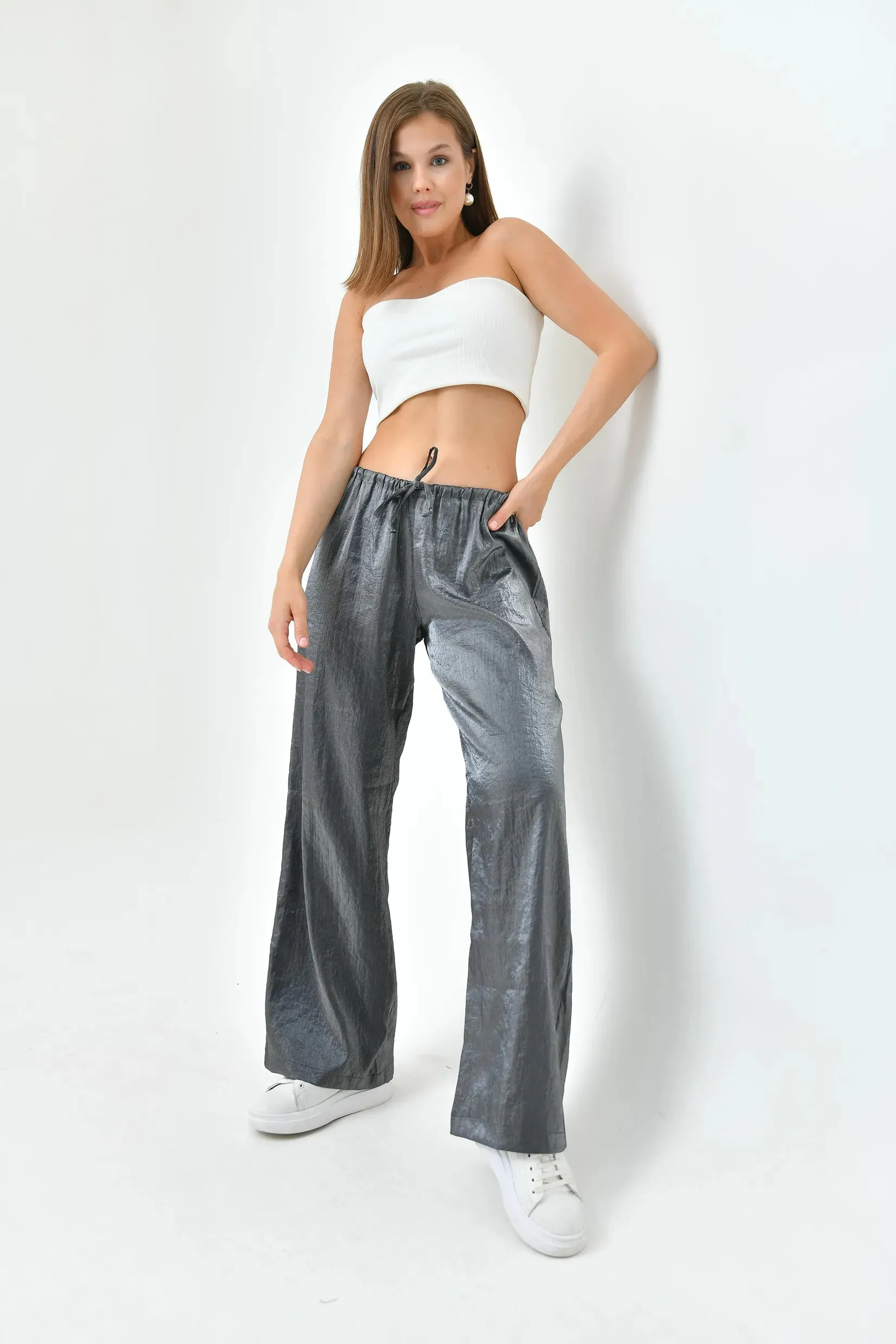 SHINY LOOH HIGH WAIST TROUSERS - GREY