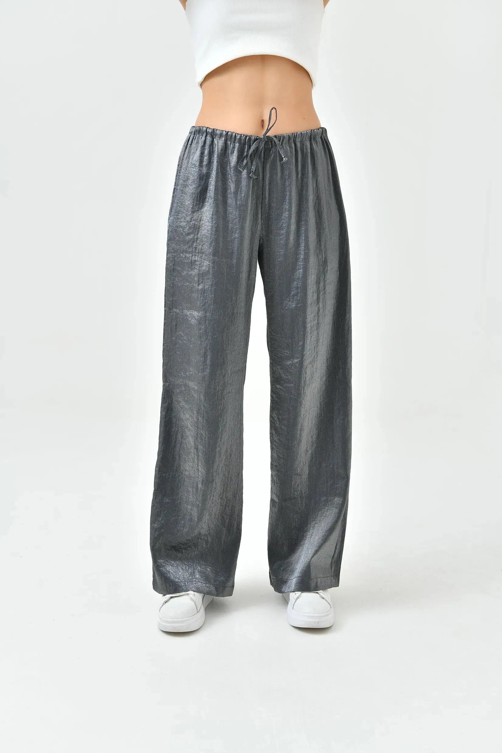 SHINY LOOH HIGH WAIST TROUSERS - GREY