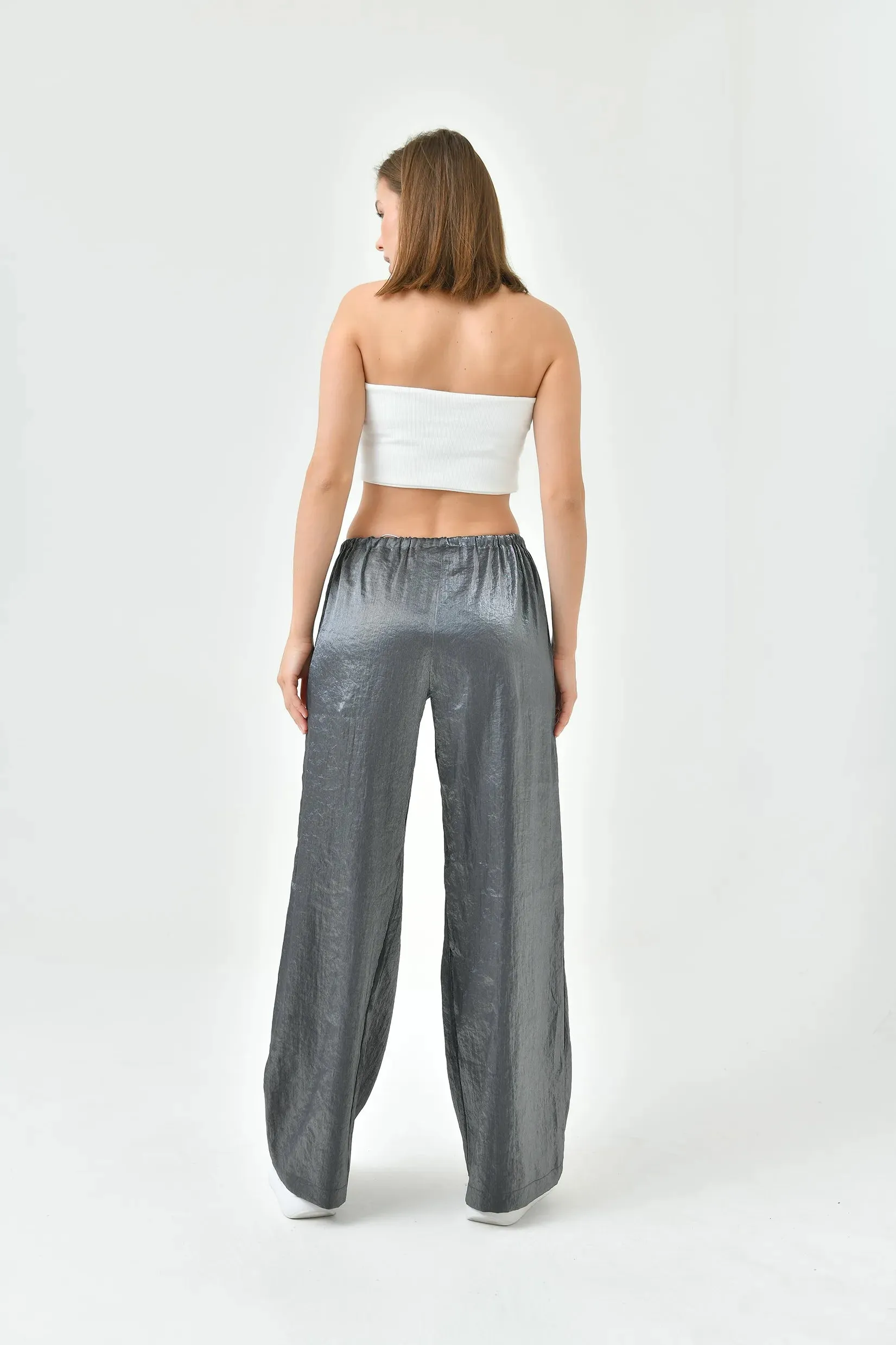 SHINY LOOH HIGH WAIST TROUSERS - GREY