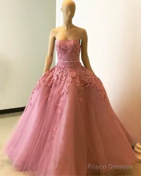 Stylish Lace Embroidery Strapless Tulle Ball Gown Prom Dress