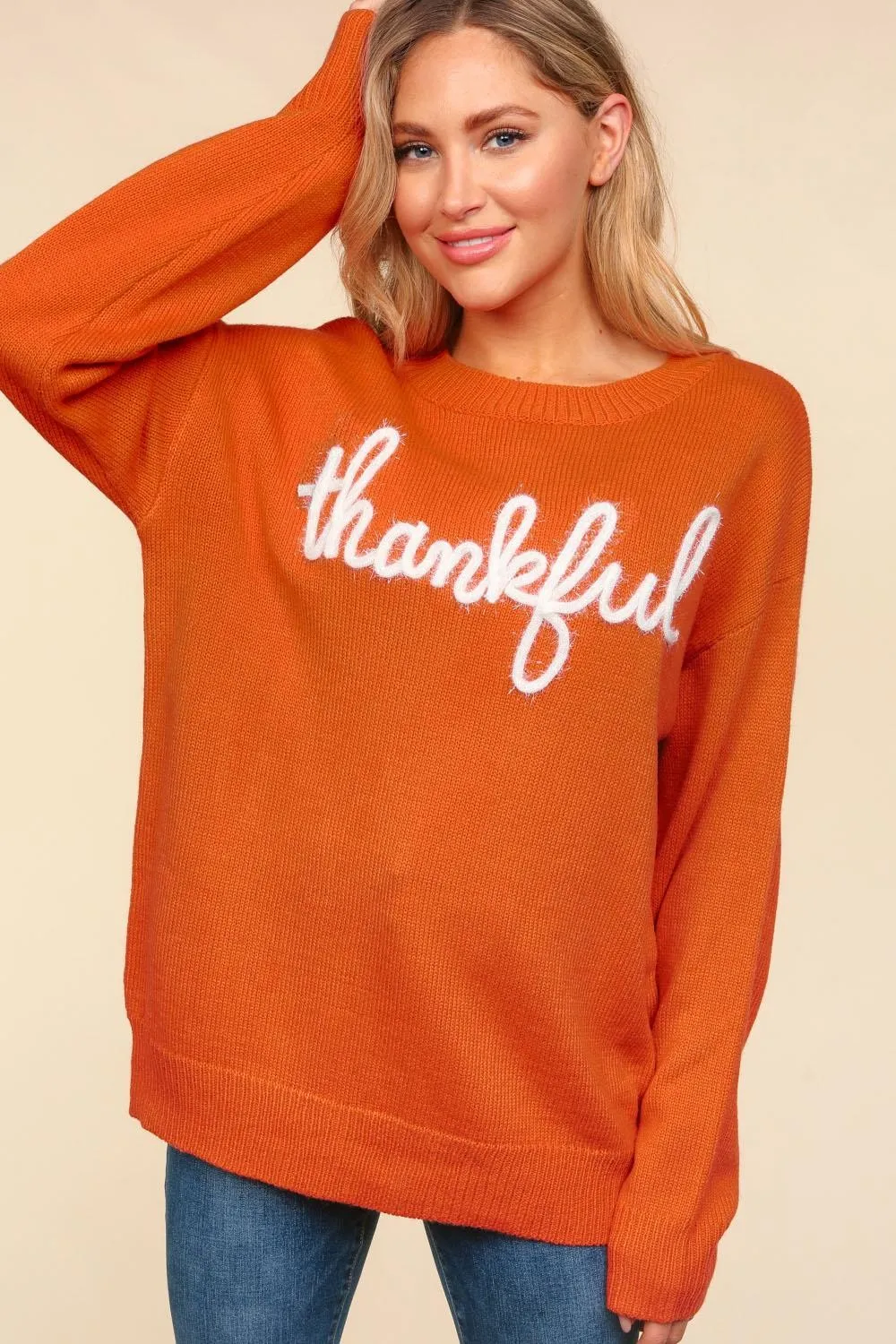 Thankful Embroidered Cozy Knit Sweater