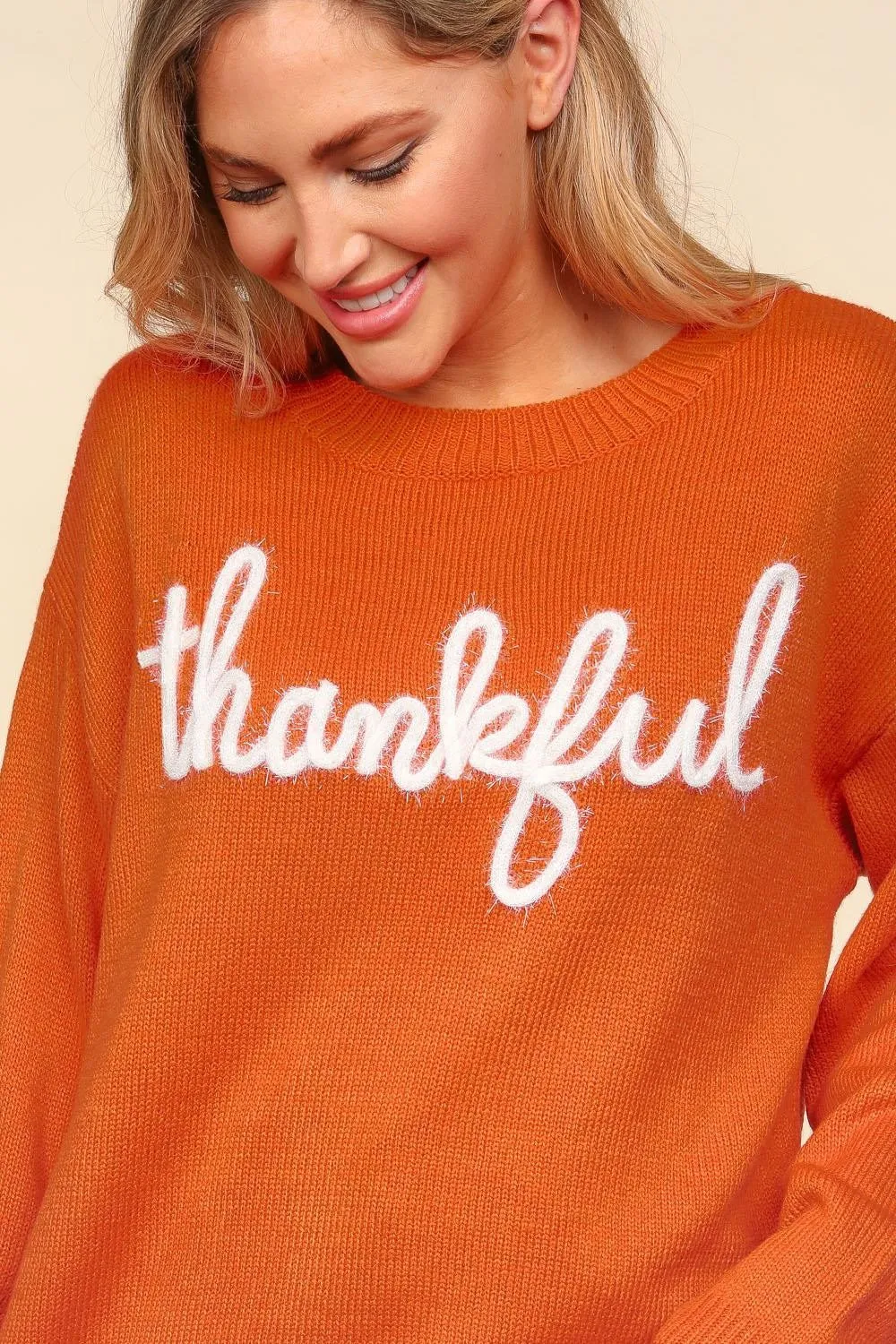 Thankful Embroidered Cozy Knit Sweater