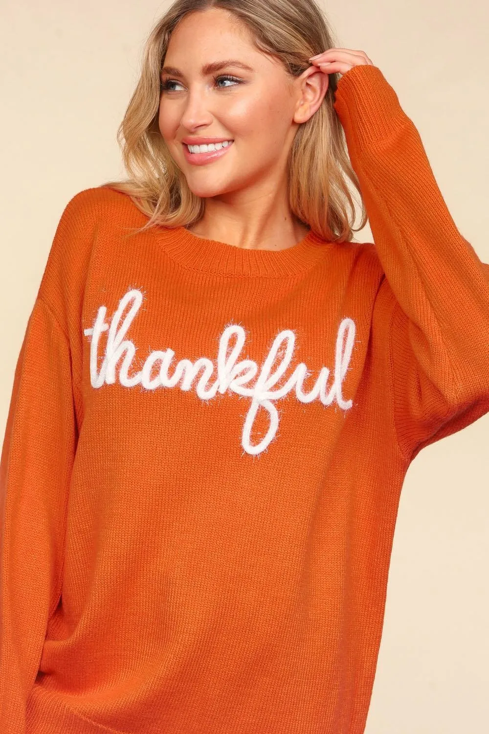 Thankful Embroidered Cozy Knit Sweater