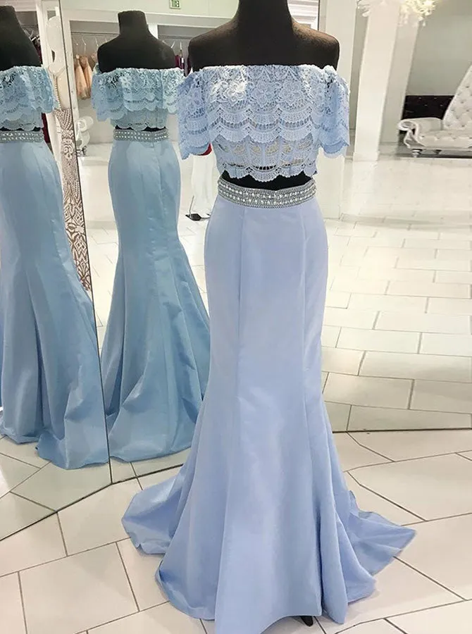 Two Piece Light Blue Prom Dress,Lace Evening Dress,Stylish Evening Dress PD00044