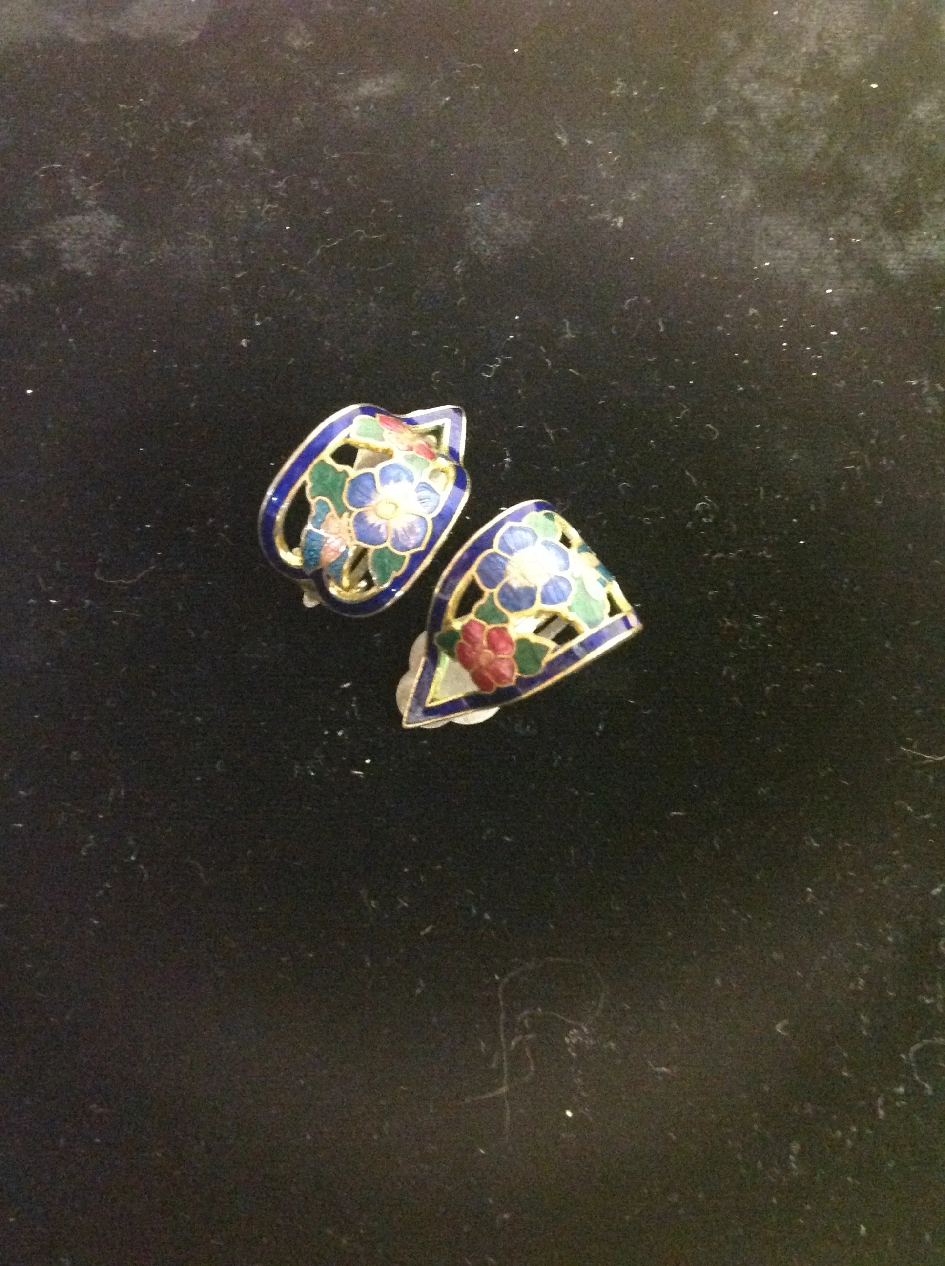 Vintage Goldtone Blue Floral Noveau Enamel Ribbon Clip On Earrings
