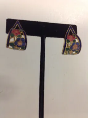 Vintage Goldtone Blue Floral Noveau Enamel Ribbon Clip On Earrings
