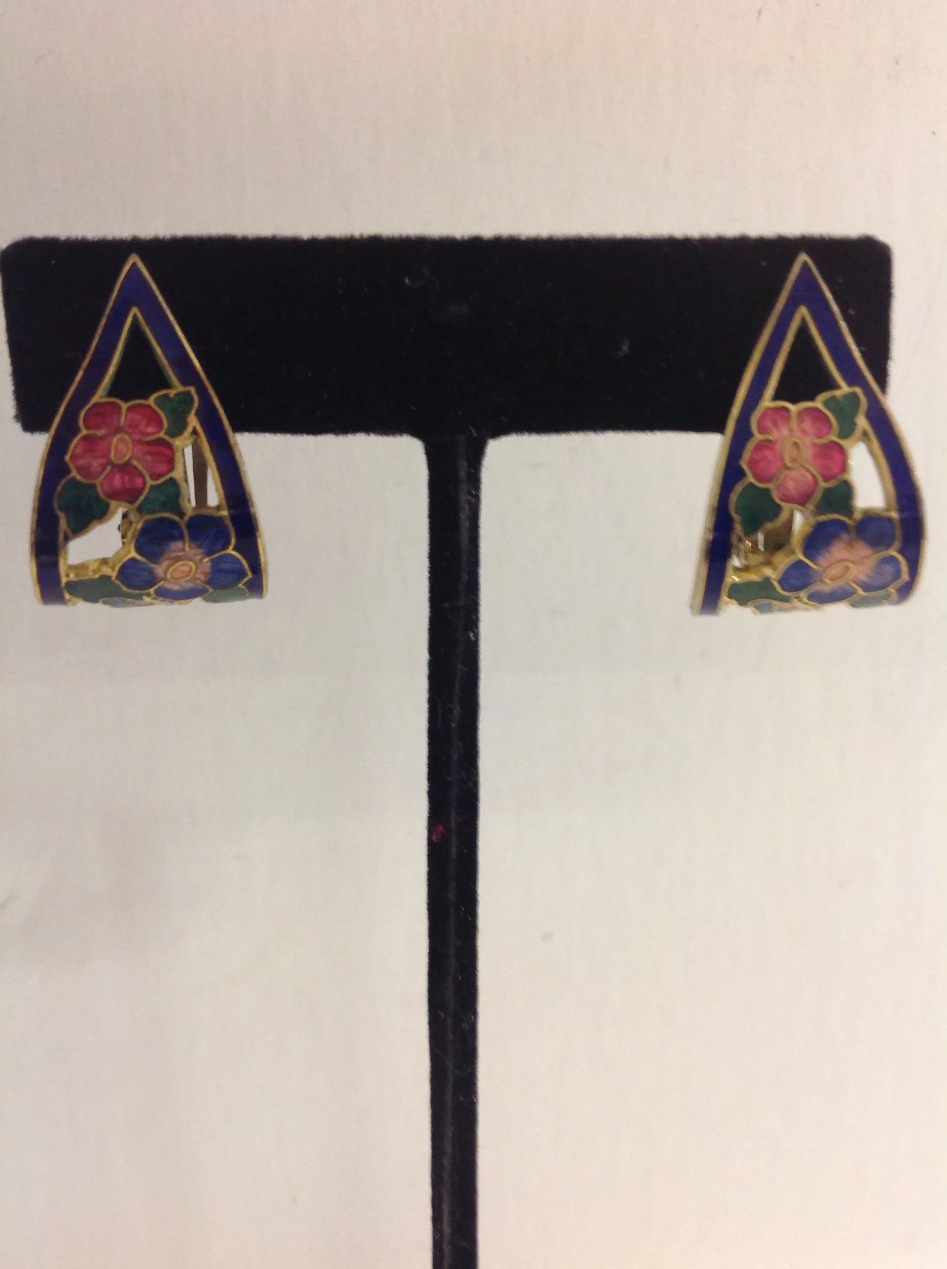 Vintage Goldtone Blue Floral Noveau Enamel Ribbon Clip On Earrings